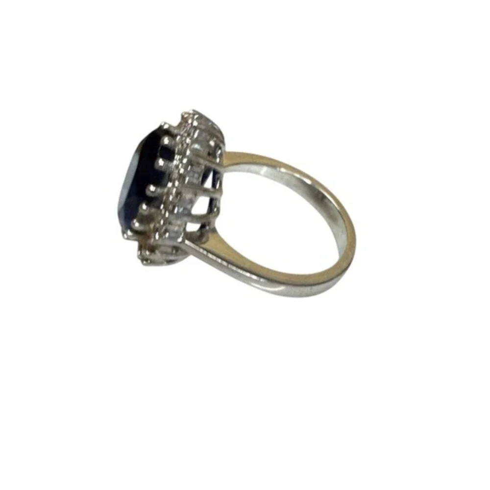 Blue Cocktail Ring Silver Tone Halo Statement Ring Prom Wedding Glam